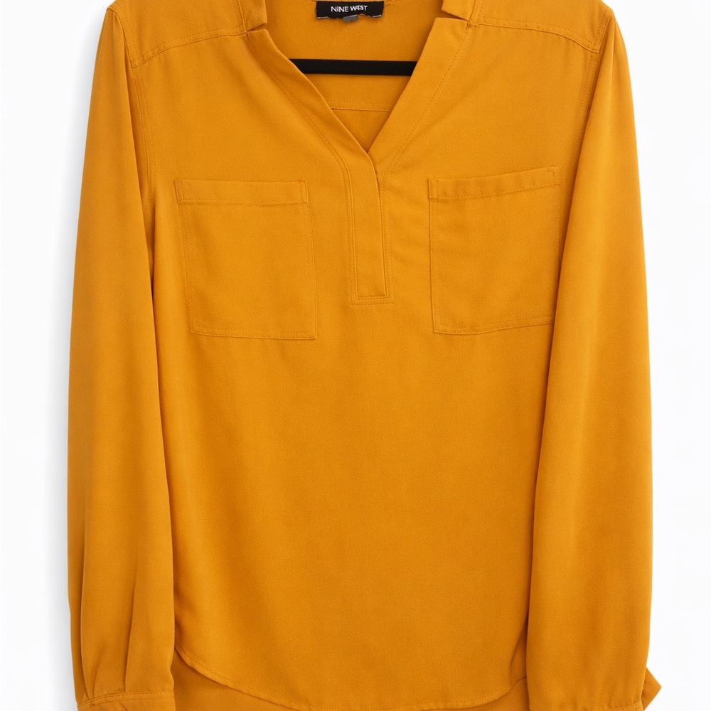 Nine West Mustard Yellow Blouse Size S Long Sleeve Split Neck Pocket Top